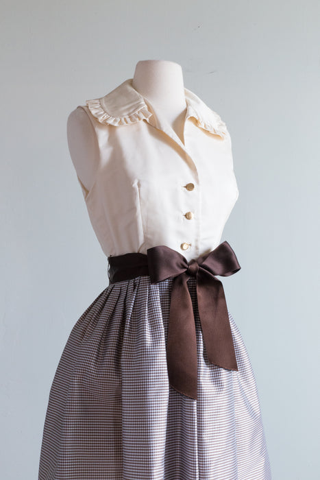 Darling 1960's Coffee & Cream Silk Gingham Dress With Pockets / SM