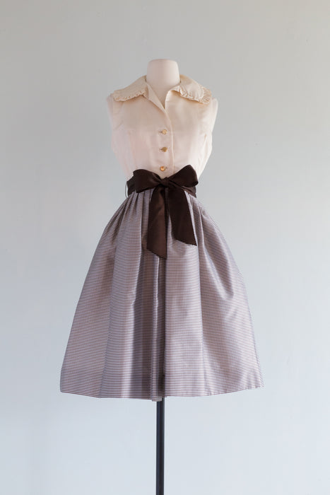 Darling 1960's Coffee & Cream Silk Gingham Dress With Pockets / SM