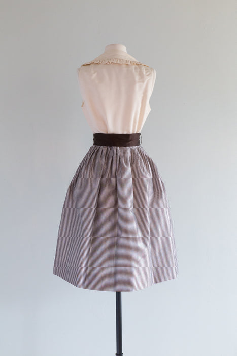 Darling 1960's Coffee & Cream Silk Gingham Dress With Pockets / SM