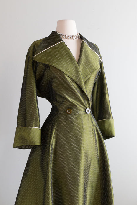 Spectacular 1950's Iridescent Olive Green Taffeta Dressing Gown / ML