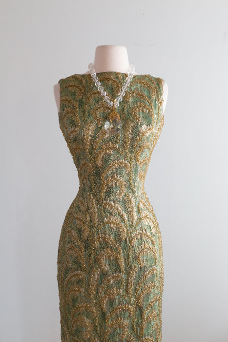 Show Stopping 1960's Olive Green Beaded Evening Gown / SM