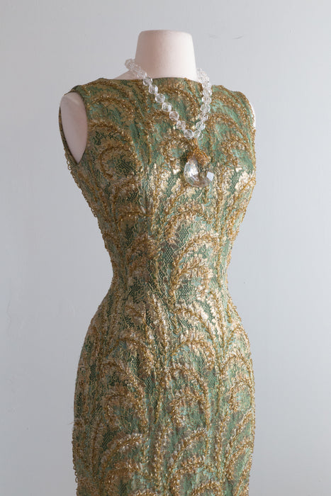 Show Stopping 1960's Olive Green Beaded Evening Gown / SM