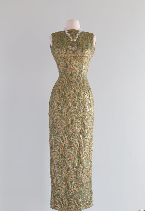 Show Stopping 1960's Olive Green Beaded Evening Gown / SM