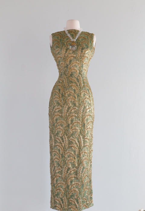 Show Stopping 1960's Olive Green Beaded Evening Gown / SM Xtabay Vintage Show Stopping 1960's Olive Green Beaded Evening Gown / SM Xtabay Vintage