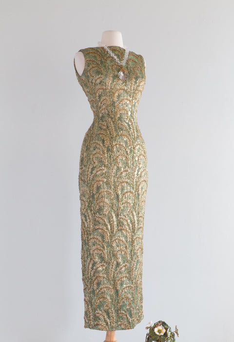 Show Stopping 1960's Olive Green Beaded Evening Gown / SM