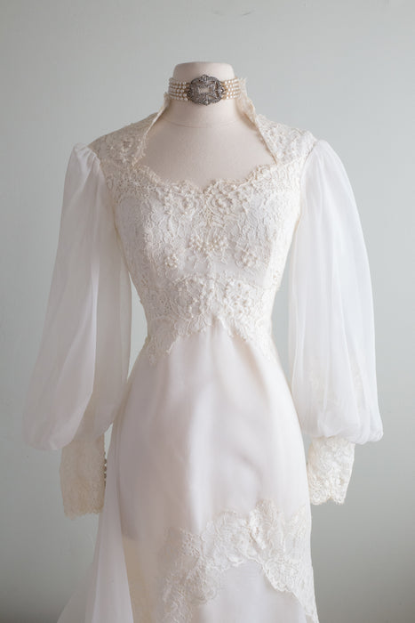 Romantic Edwardian Inspired 1970's Lace & Organza Wedding Dress / XS