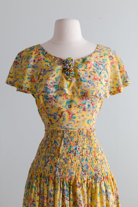 Lovely 1930's Yellow Shirred Rayon Floral Print Afternoon Dress / Medium
