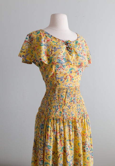 Lovely 1930's Yellow Shirred Rayon Floral Print Afternoon Dress / Medium