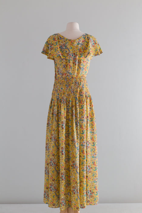 Lovely 1930's Yellow Shirred Rayon Floral Print Afternoon Dress / Medium