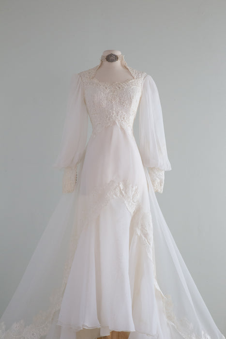 Romantic Edwardian Inspired 1970's Lace & Organza Wedding Dress / XS