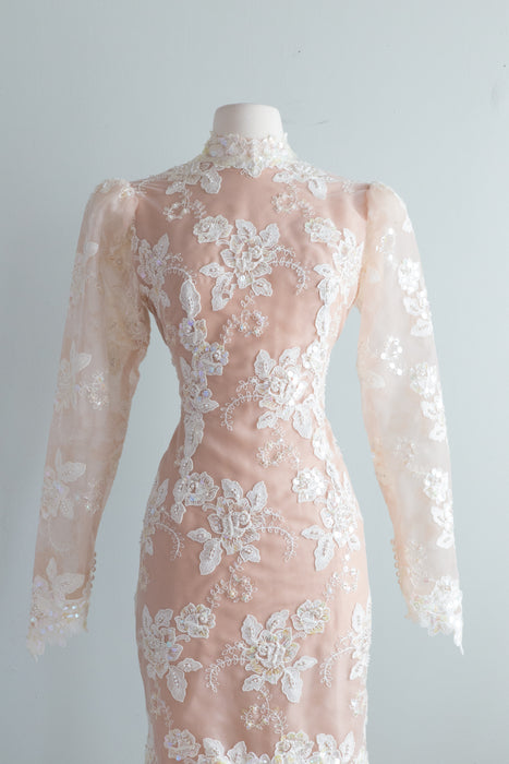 Vintage 1980's FANTASY Illusion Wedding Gown / Medium
