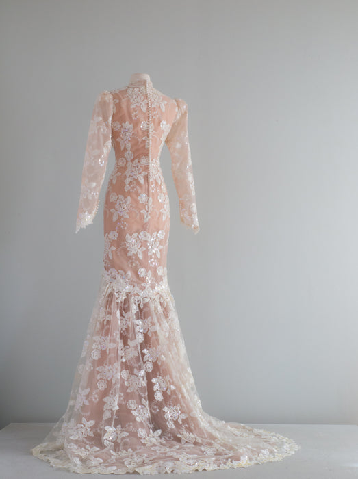 Vintage 1980's FANTASY Illusion Wedding Gown / Medium