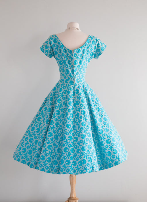 1950's Embroidered Turquoise Cotton Dream Dress / Waist 26