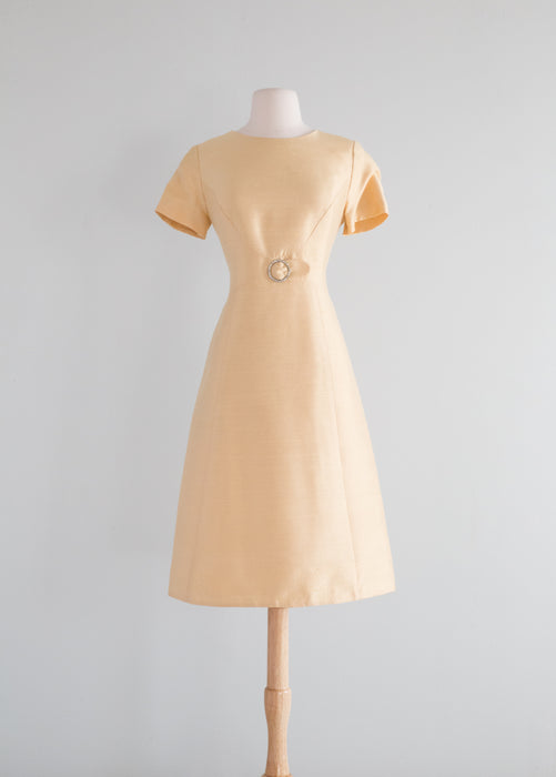 Chic 1960's Butter Yellow Shantung Silk Dress & Coat Set / Medium