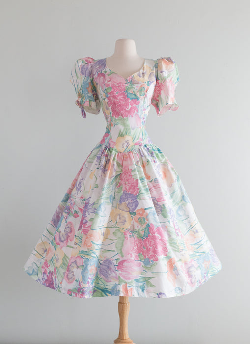 Beautiful 1980's Pastel Cotton Floral Dress With Open Back / Medium