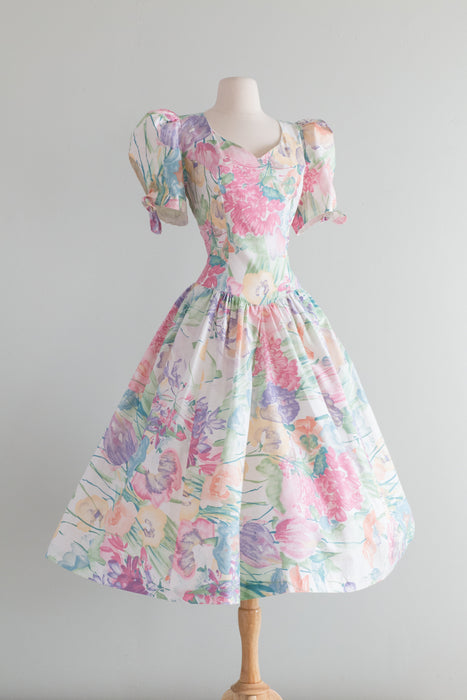 Beautiful 1980's Pastel Cotton Floral Dress With Open Back / Medium