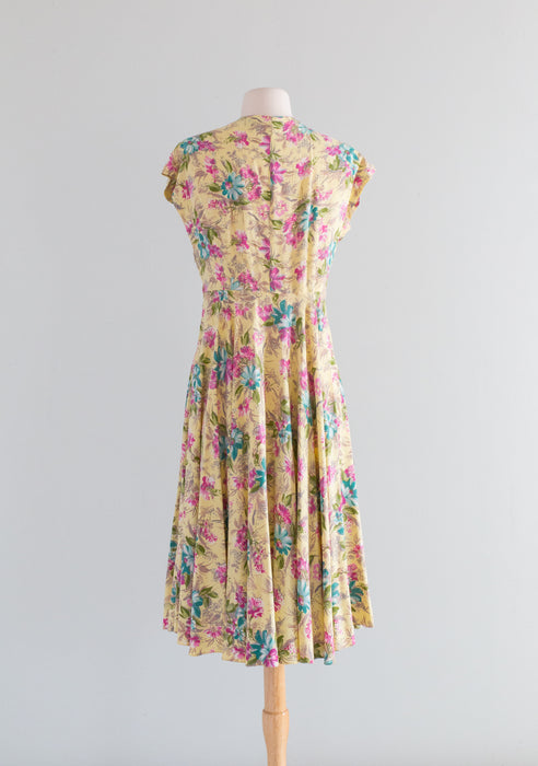 Dreamy 1940's Pale Yellow Floral Print Rayon Dress / Medium