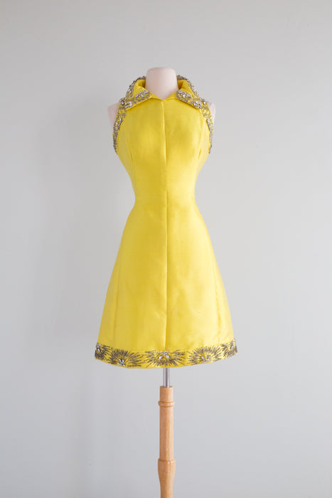 OBSESSED 1960's Lemon Shantung Silk Beaded Cocktail Dress / Small