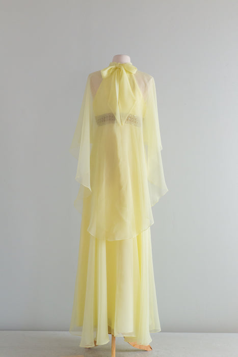 Fabulous 1960's Lemon Chiffon Halter Dress With Capelet / Small