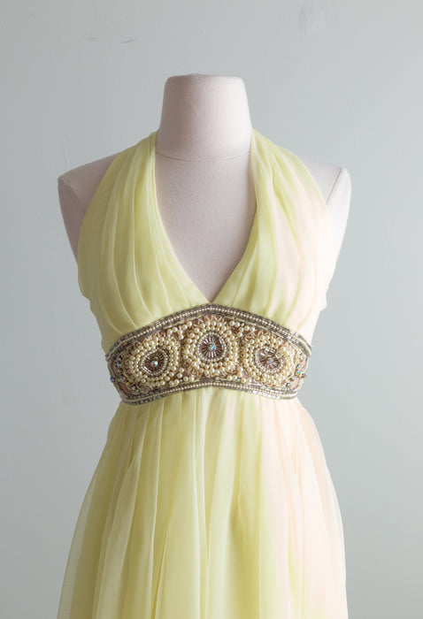 Fabulous 1960's Lemon Chiffon Halter Dress With Capelet / Small