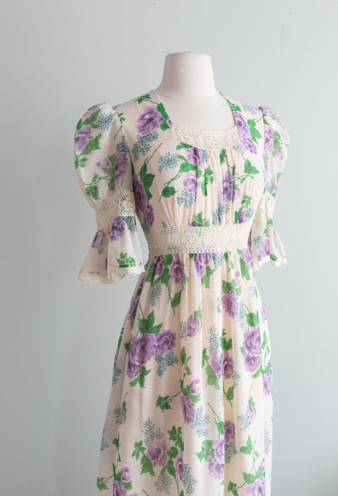 Dreamy 1970's Lavender Rose Print Cotton Voile Dress By Rag Dolls / Small