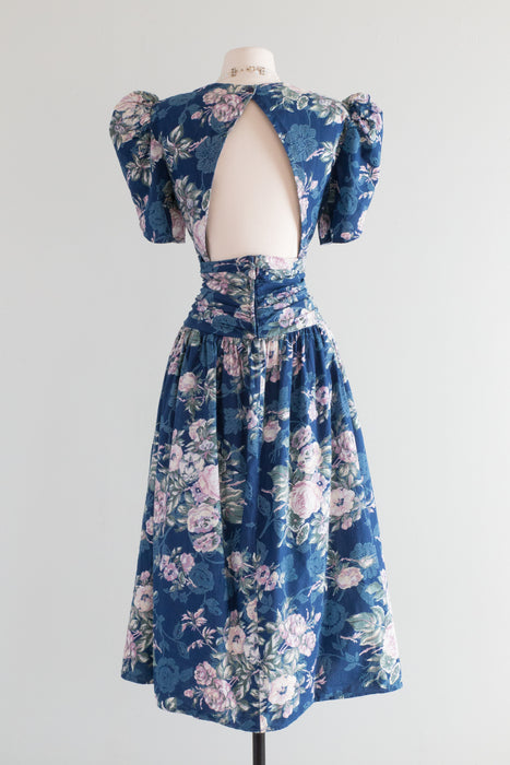 Dreamy 1980's Rose Garden Print Cotton Dress With Open Back / Med.