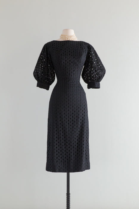 Wicked 1950's Black Eyelet Wiggle Dress With Balloon Sleeves / Medium