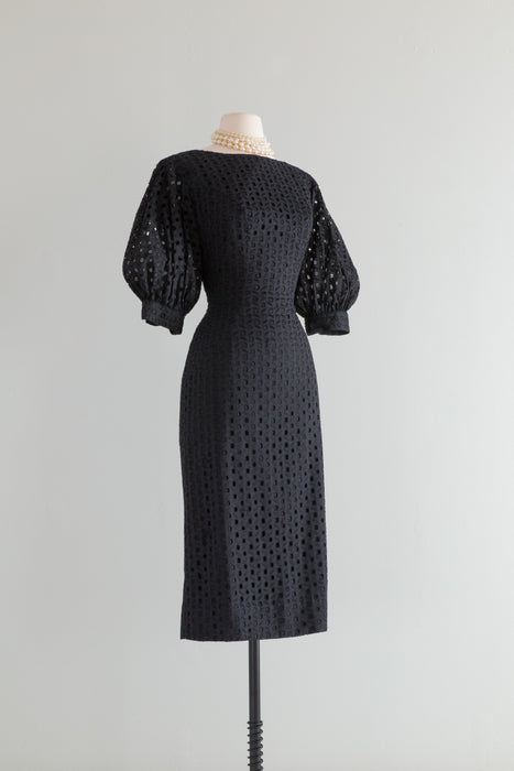 Wicked 1950's Black Eyelet Wiggle Dress With Balloon Sleeves / Medium