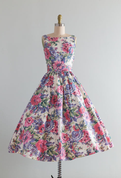 Dreamy 1980's Rose Garden Print Cotton Dress With Bow Back / XS