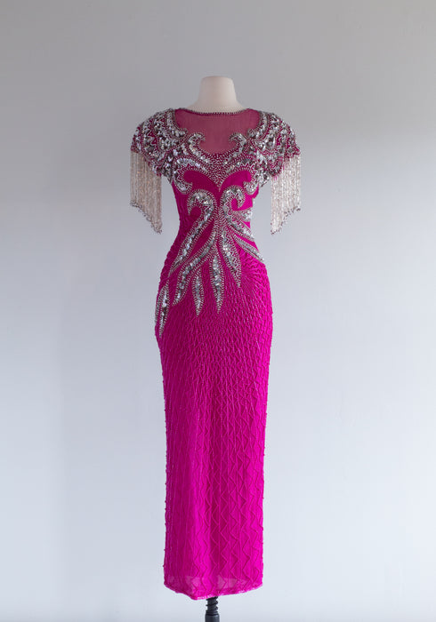 Shocking Pink EXTRA Fabulous 1980's Mackie Style Beaded Gown / Small