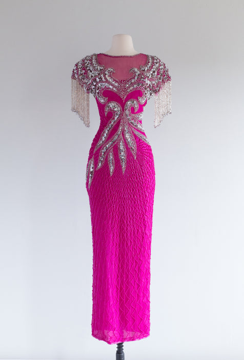 Shocking Pink EXTRA Fabulous 1980's Mackie Style Beaded Gown / Small