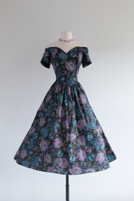 1980's Midnight Garden Print Cotton Dress With Off The Shoulder Neckline / M