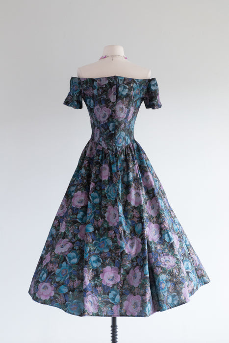 1980's Midnight Garden Print Cotton Dress With Off The Shoulder Neckline / M
