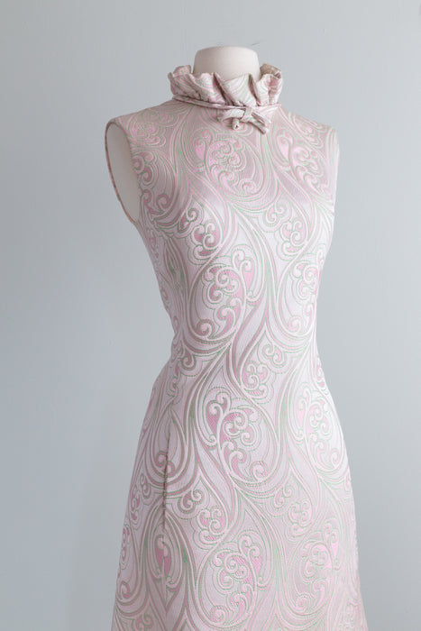 Darling 1960's Pink & Green Brocade Cocktail Dress / Medium