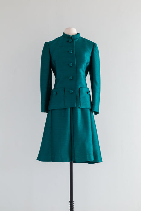 Elegant 1960's Peacock Green Silk Dress & Jacket Set By Harmay / ML