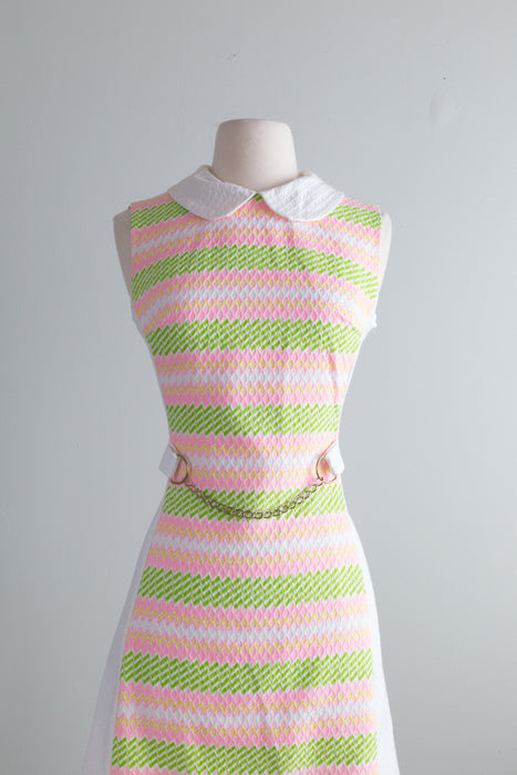Iconic 1960's Pink & Green Cotton Mod Dress With Peter Pan Collar / M