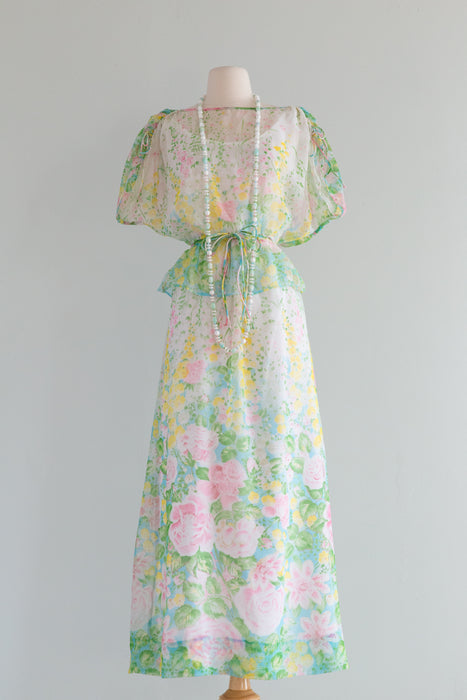 Dreamy 1970s Pastel Rose Garden Party Maxi Dress / SM