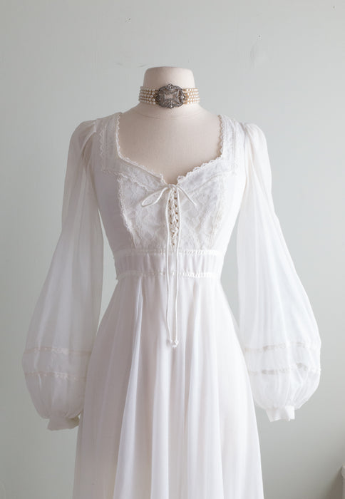 Ethereal 1970's Ivory Gunne Sax Corset Bodice Wedding Gown With Flowing Skirt / s