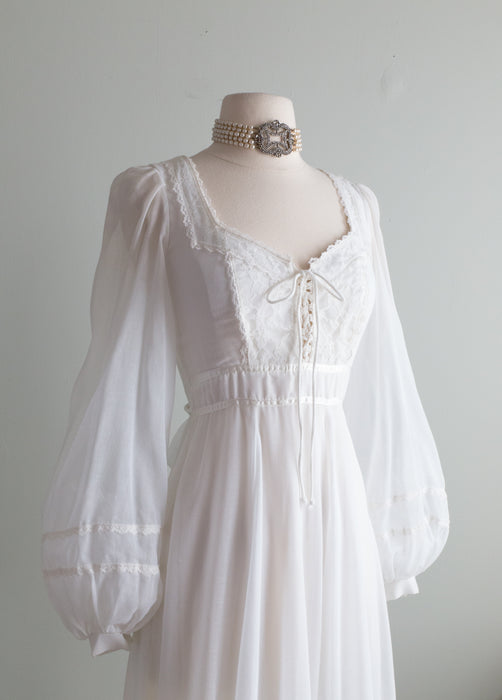 Ethereal 1970's Ivory Gunne Sax Corset Bodice Wedding Gown With Flowing Skirt / s