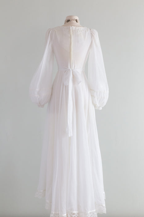 Ethereal 1970's Ivory Gunne Sax Corset Bodice Wedding Gown With Flowing Skirt / s