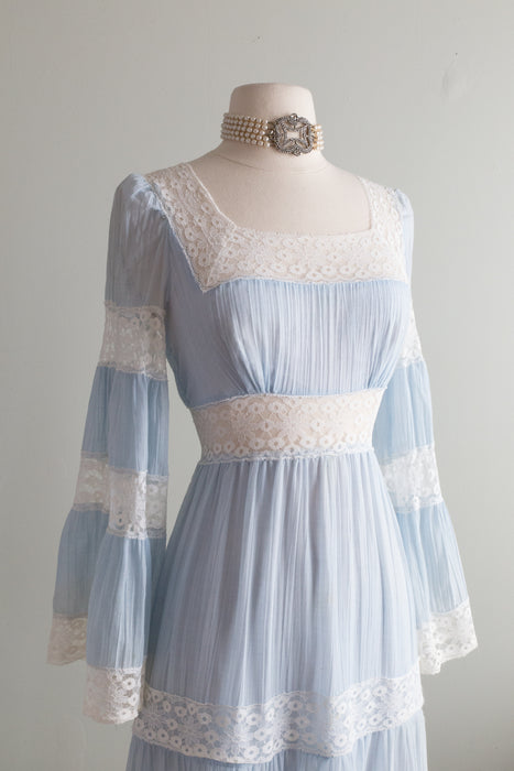 Dreamy 1970's Pale Blue Broomstick Cotton Maxi Dress / Small