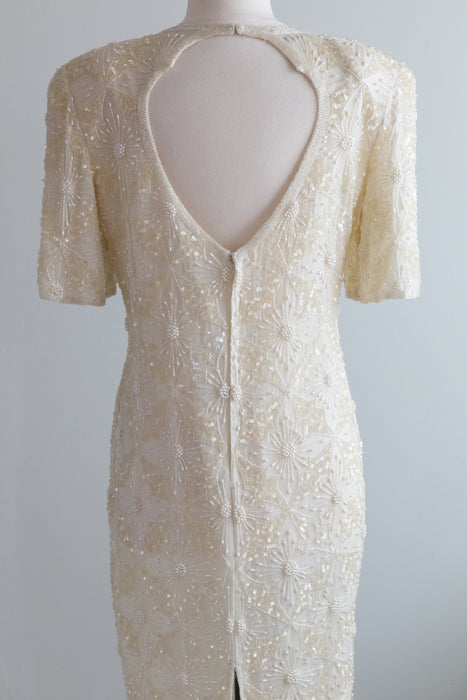 Stunning Vintage Beaded Cocktail Dress In Ivory Silk / ML