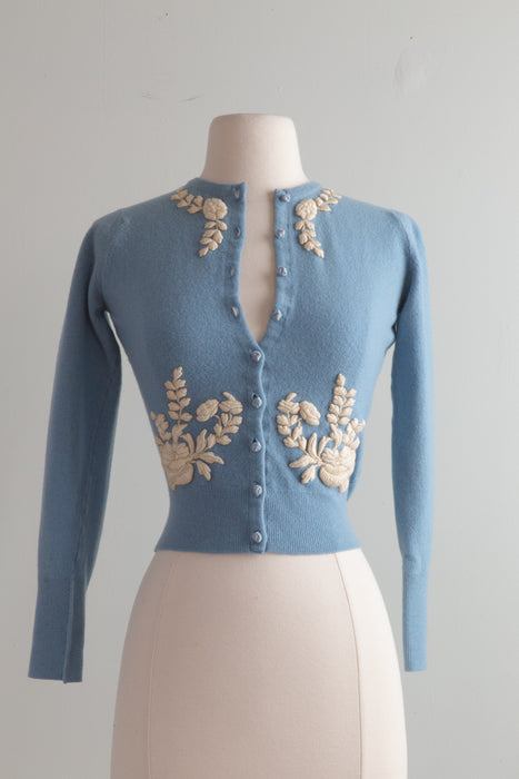 Dreamy 1950's Pale Blue Embroidered Cashmere Cardigan / XS