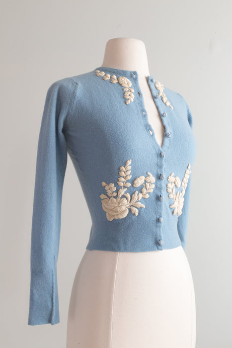 Dreamy 1950's Pale Blue Embroidered Cashmere Cardigan / XS