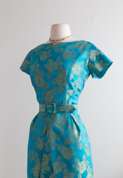 Fabulous Vintage 1960's Turquoise & Golden Brocade Cocktail Dress / Medium