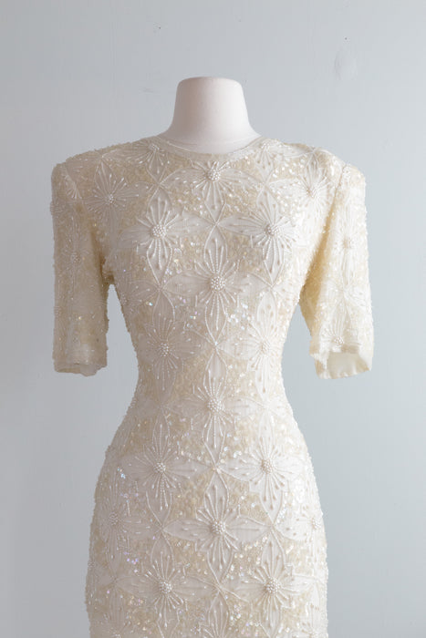 Stunning Vintage Beaded Cocktail Dress In Ivory Silk / ML