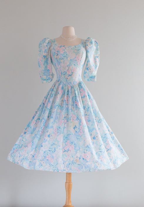 1980's Pastel Garden Print Cotton Dress With Bow Back / Medium