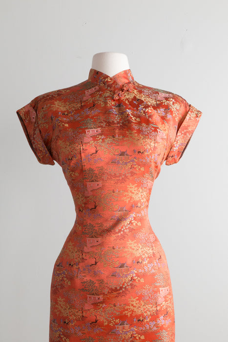 Stunning 1950's Coral Garden Brocade Cheongsam Dress / SM