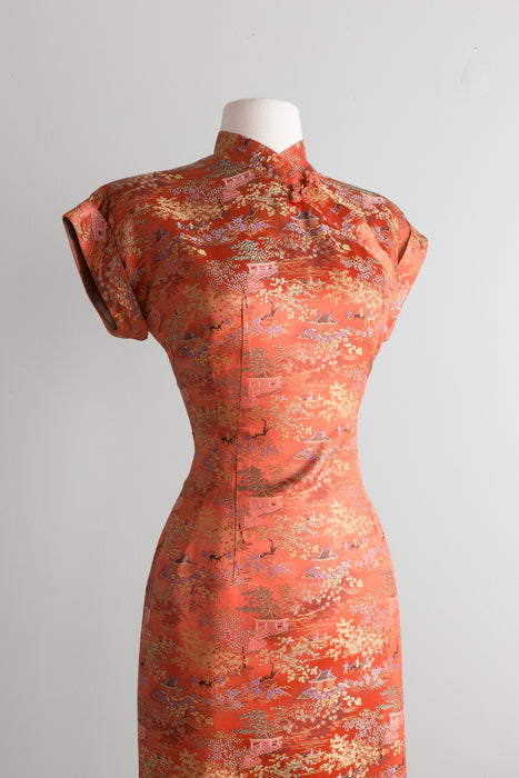 Stunning 1950's Coral Garden Brocade Cheongsam Dress / SM