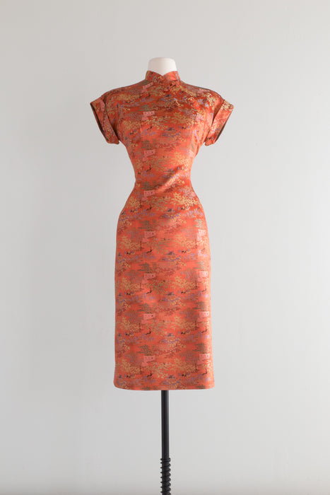 Stunning 1950's Coral Garden Brocade Cheongsam Dress / SM